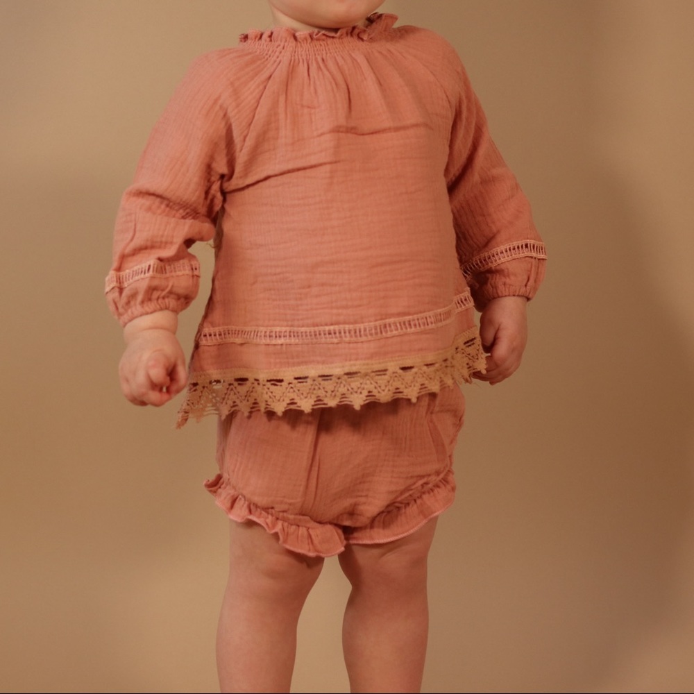 Boho Lace Tunic 2 Piece Short Set Mauve Pink